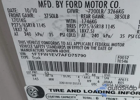 2010 Ford F-150 Fx4/Harley-Davidson/King Ranch/Lariat/Platinum/Xl/Xlt из США, поврежденный, VIN 1FTFW1EV7AFD75790